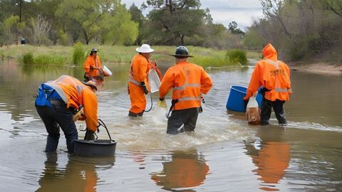 Arbeitende Menschen in einem Gewässer Fünf arbeitende Menschen mit orangenen Warnwesten knietief in einem Gewässer stehend mit Eimern.