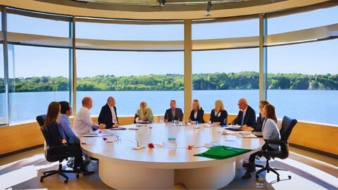 Sitzungsrunde am runden Tisch mit 11 Personen Sitzungsrunde mit 11 Personen an einem runden Tisch mit einem großen Panoramafenster. Hinter dem Fenster ist ein großer See mit dem gegenüberliegenden Festland mit Bäumen zu sehen.
