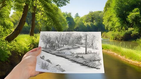 Hier geht es zur Öffentlichkeitsbeteiligung Foto eines idyllischen Gewässers. Im Vordergrund hält jemand ein Blattpapier in der Hand mit einer Zeichnung des Gewässers.