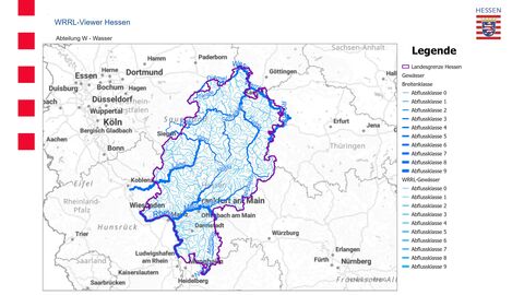 WRRL-Viewer Karte mit den Flüssen von Hessen - Ein Auszug aus dem WRRL-Viewer des HLNUG
